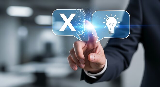 Constructive feedback concept. A manager's hand transforms a holographic 'speech bubble' with an X inside into one with a lightbulb, symbolizing constructive feedback.