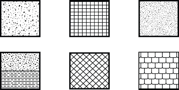 Architectural and Material Texture Pattern Set, Construction Surface Vector Symbols Collection. Landscape Architecture CAD Hatch Pattern Set Grass Water Stone Wall Texture Elements Collection