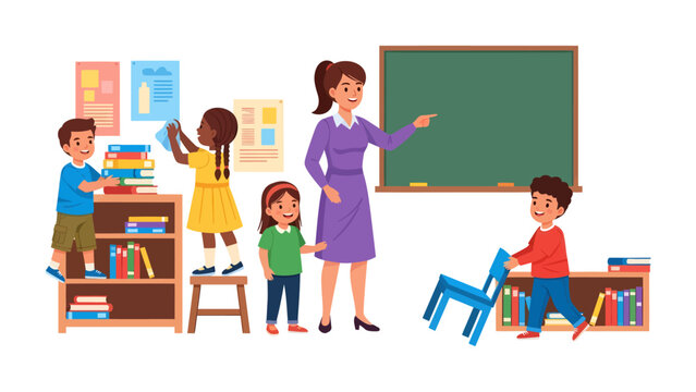 A Day in Kindergarten Classroom: A dedicated teacher leads a group of enthusiastic students through their daily activities in a colorful classroom.