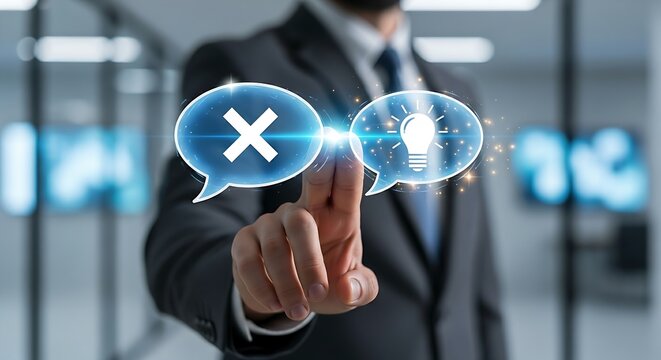 Constructive feedback concept. A manager's hand transforms a holographic 'speech bubble' with an X inside into one with a lightbulb, symbolizing constructive feedback.