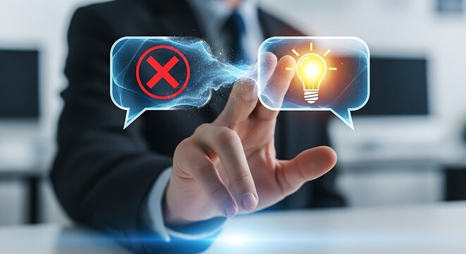 Constructive feedback concept. A manager's hand transforms a holographic 'speech bubble' with an X inside into one with a lightbulb, symbolizing constructive feedback.