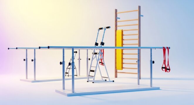 A sunny clinical setting with parallel bars, adjustable walking aids, and resistance equipment designed for physical therapy and recovery, wellness, walker, movement