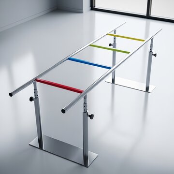 Metallic parallel bars stand along a polished hospital floor with colorful tape markers for mobility training and physical therapy sessions, recovery, training, parallel bars