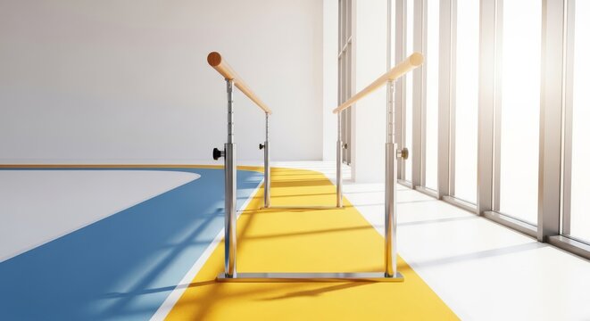 A wide-angle view of a bright rehabilitation clinic with parallel bars, rubber walking tracks, and light filtering through large windows, bright, calm, physical