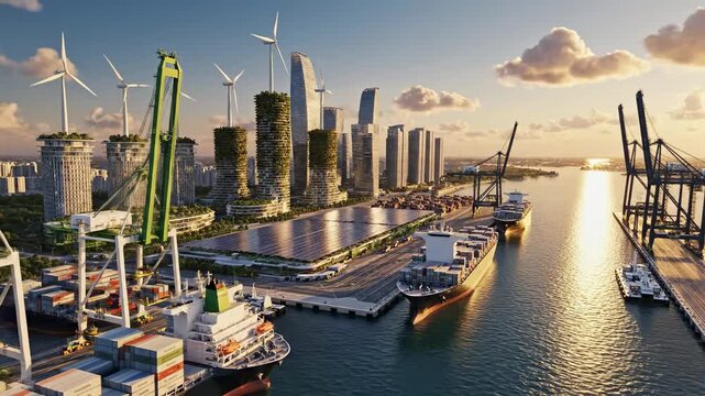 futuristic city skyline with vertical farms and wind turbines integrated into skyscrapers, busy shipping port with cargo ships and cranes at sunset, sustainable urban development concept