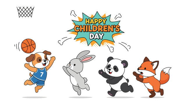 Happy Children's Day: A joyful illustration featuring a playful dog, rabbit, panda, and fox engaging in a lively basketball game, celebrating childhood with fun and cheer.