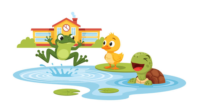 School Days: A lively scene unfolds as a cheerful frog leaps into a pond near a welcoming schoolhouse, while a friendly duck and turtle share in the aquatic amusement.