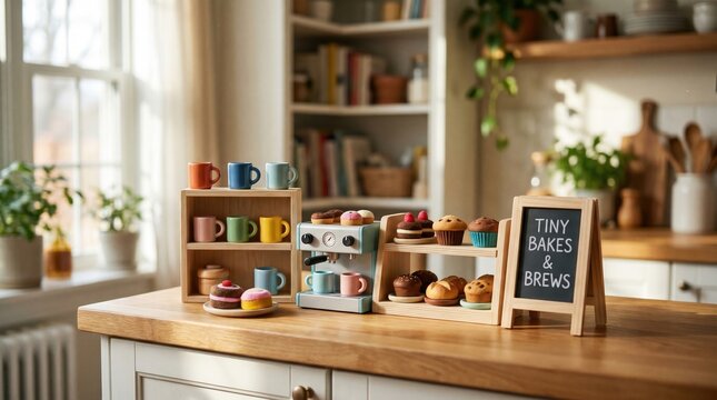Wooden toy bakery set with coffee machine and pastries on a kitchen counter. Encourages imaginative pretend play and role playing for kids. Use for educational or home decor content.
