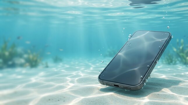 Smartphone floating underwater with air bubbles on a sandy sea floor