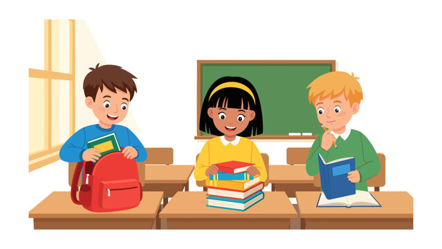 Back to School Prep: Enthusiastic students prepare for the school year. Gathering books and essentials, they eagerly anticipate a day of learning in a vibrant classroom.