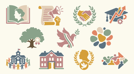 Naklejka premium Collection of flat design icons representing education, community, peace, and social justice concepts.