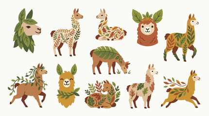 Naklejka premium Collection of cute llamas decorated with leaves and flowers, symbolizing nature and harmony.