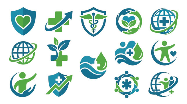 Collection of healthcare and medical logos, including symbols for health, wellness, and global care.