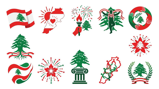 Collection of Lebanese national symbols and emblems featuring the Cedar of Lebanon tree.