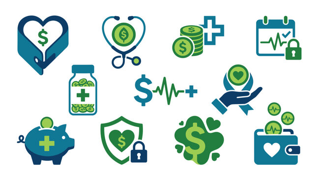 Collection of healthcare and finance icons, symbolizing health insurance, medical costs, and financial well-being.