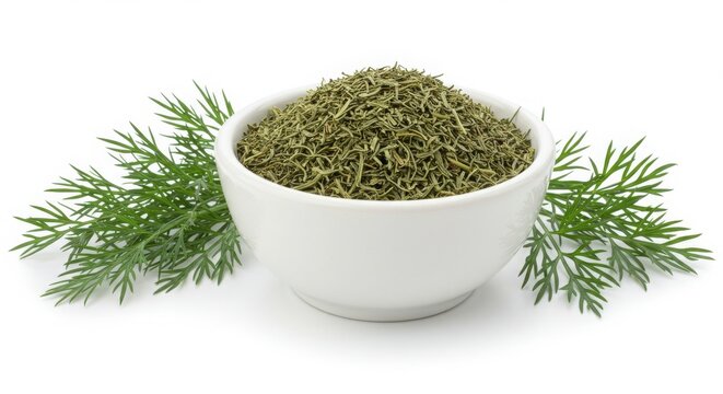 Fresh Dill Seeds in White Ceramic Bowl.
