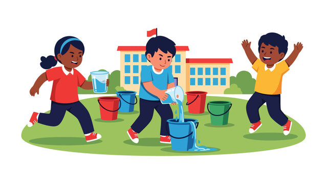 Playful Water Relay Race: A vibrant illustration captures a joyful water relay race, as energetic children work together, pouring water into buckets and creating a playful scene of teamwork and fun.