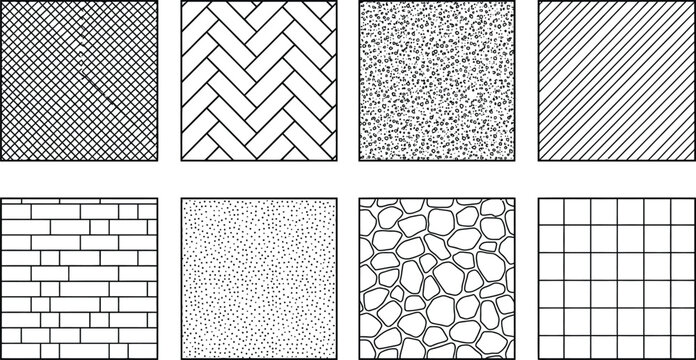 Architectural and Material Texture Pattern Set, Construction Surface Vector Symbols Collection. Landscape Architecture CAD Hatch Pattern Set Grass Water Stone Wall Texture Elements Collection