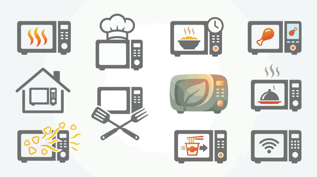 Collection of microwave oven icons representing various functions and uses, including cooking, heating, and modern features.