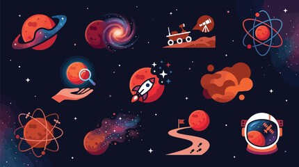 Collection of Space Exploration and Science Icons with Planets, Rockets, and Astronauts. © tr