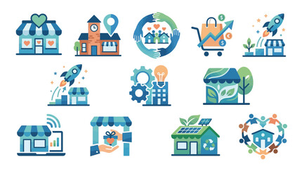 Naklejka premium Collection of Flat Icons Representing Business Growth, Sustainability, and Community Engagement.