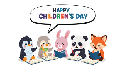 Fototapeta premium Children's Day: A vibrant illustration showcasing an adorable group of animal characters reading and writing, celebrating childhood and the joy of learning.
