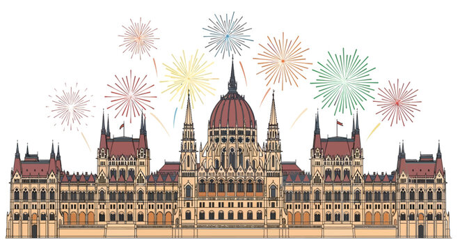 Hungarian parliament building with fireworks