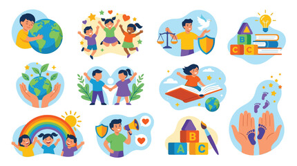 Naklejka premium Collection of Icons Representing Childhood, Education, and Global Values.