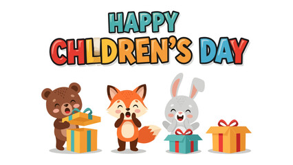 Fototapeta premium Happy Children's Day: A vibrant and cheerful illustration celebrating the spirit of childhood, featuring adorable cartoon animals and gift boxes.