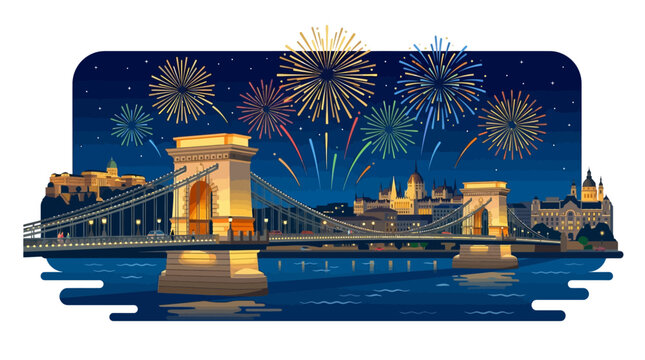 Budapest cityscape with Sz?chenyi Chain Bridge at night with fireworks