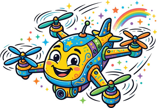 Cute cartoon drone character with happy face, colorful flying quadcopter vector illustration, whimsical toy drone with rainbow and stars