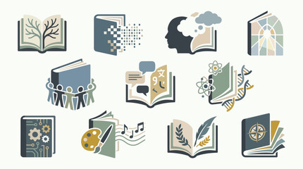 Collection of diverse icons representing knowledge, learning, and different fields of study. © tr