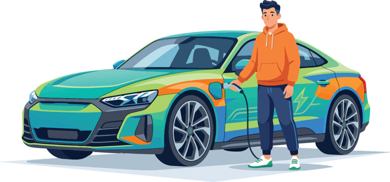 Electric vehicle charging illustration, man plugging cable into modern EV car, sustainable green transportation vector for clean energy concepts