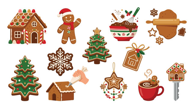 Collection of festive Christmas gingerbread cookies and baking elements, perfect for holiday designs.