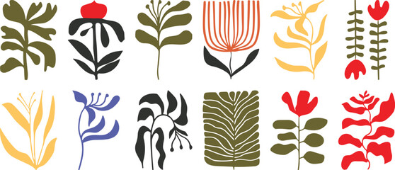 Modern abstract botanical collection, minimalist floral and leaf illustrations in trendy flat vector style isolated background © mdanichur