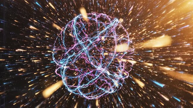 Abstract exploding particles forming a spherical network, data visualization, digital explosion, light streaks, dark background, orange glow