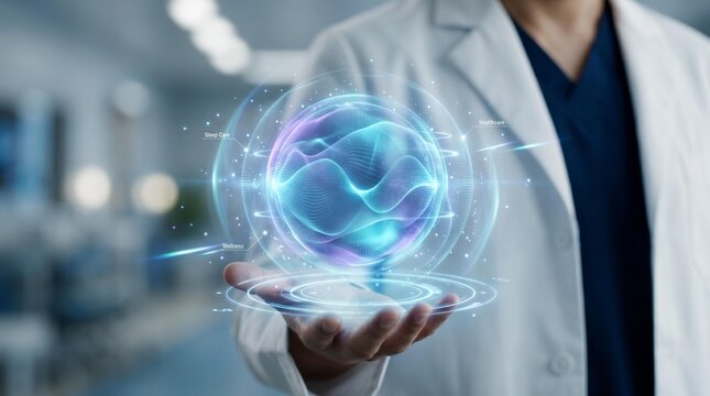 Scientist holding glowing blue orb with futuristic interface in laboratory setting with blurred background