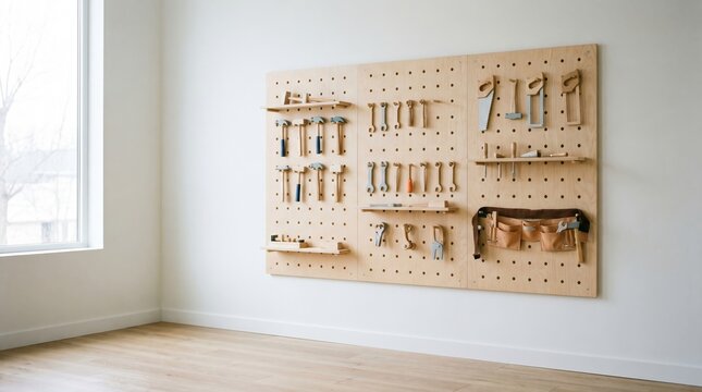 Wooden toy tools organized on a pegboard wall. Bright minimal room promotes creative pretend play and skill building. Ideal for interior design and educational content.