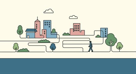 Naklejka premium Simplified urban landscape with a person walking through connected city elements.
