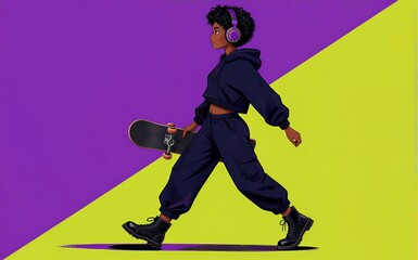 Fototapeta premium Skateboarder walks confidently headphones on purple and yellow