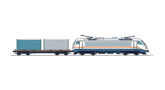 Freight train with shipping containers on a white background.