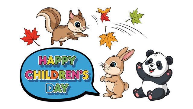 Playful Proclamation: Animated cartoon characters including a rabbit, squirrel and panda share a colorful greeting for Children's Day, symbolizing joy and celebration for the little ones.