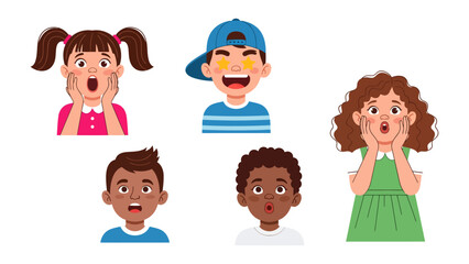 Naklejka premium Children's Expressions: A vibrant array of children express a range of surprised, amused, and delighted expressions, capturing the essence of childhood wonder and joy.