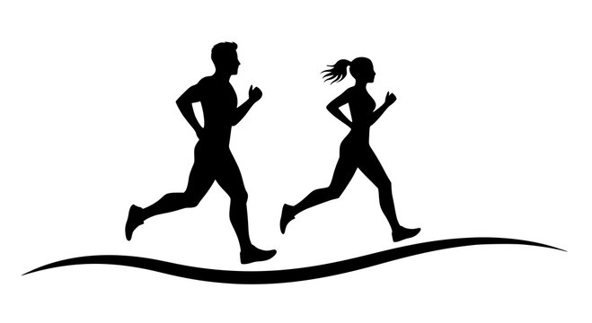 Running man and woman, isolated vector silhouettes. Run, side view. Silhouettes of athletic looking male and female runners running. Transparent PNG version.