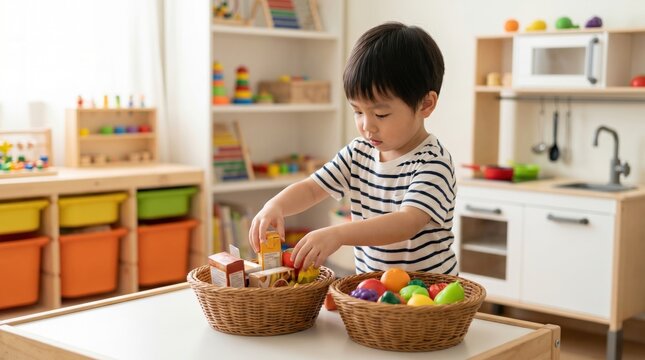 Young boy organizes toy food into baskets within a bright playroom. It highlights pretend play and motor skill development. Perfect for early childhood education or parenting blogs.