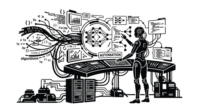 Advanced humanoid robot working on a complex digital interface with streams of binary code and network data flow in this black and white artistic graphic image