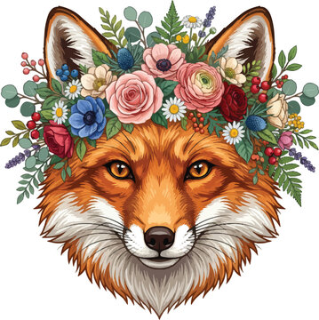 Bohemian red fox portrait with floral crown, whimsical forest animal vector illustration, botanical fox head with roses and wildflowers