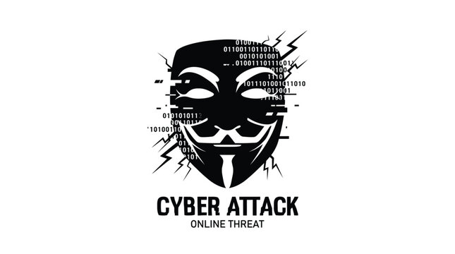 A mysterious hacker mask featuring digital binary code and sharp geometric glitch effects depicted in this sharp high contrast graphic illustration representing a modern cyber security threat