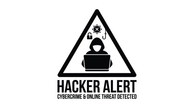 Black and white graphic illustration featuring a hooded hacker figure inside a warning triangle used to represent cybersecurity threats and digital risks in a modern world