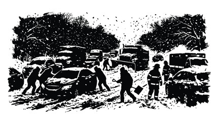 Obraz premium Black and white artistic photograph showing people pushing a stuck car during a heavy winter snowstorm while a plow clears the road for stranded motorists